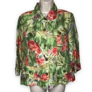 Erin London Linen Blend Button Front Jacket Tropical Floral Print Women Medium